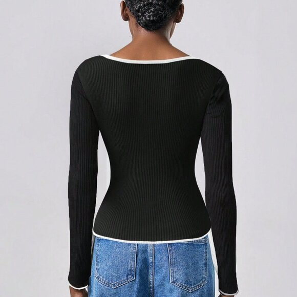 Black And White Casual Women's Contrast Binding Sweetheart Neck Sweater - Picture 2 of 6